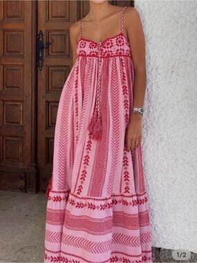 Francesca's Collections Pink and Red Embroidered Maxi Dress
